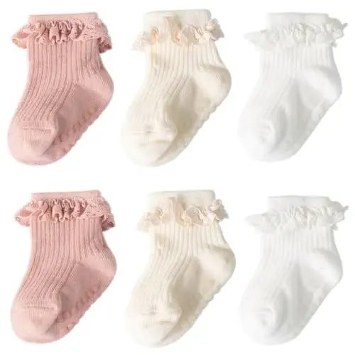 DRESHOW BQUBO Baby Girls Toddler Anti Slip Socks - Cute Frilly Ruffle Grip Ankle Socks for Infant Toddler - 1