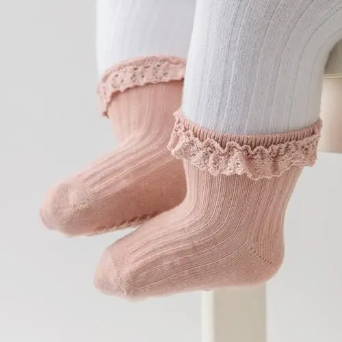 DRESHOW BQUBO Baby Girls Toddler Anti Slip Socks - Cute Frilly Ruffle Grip Ankle Socks for Infant Toddler - 4