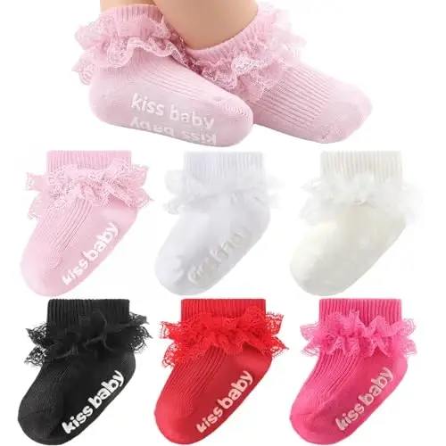 DRESHOW BQUBO Baby Girls Toddler Anti Slip Socks - Cute Frilly Ruffle Grip Ankle Socks for Infant Toddler 