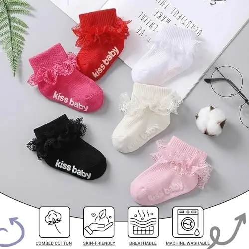 DRESHOW BQUBO Baby Girls Toddler Anti Slip Socks - Cute Frilly Ruffle Grip Ankle Socks for Infant Toddler - 6