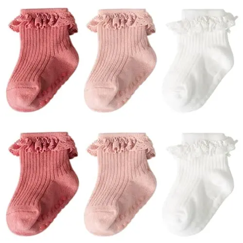 DRESHOW BQUBO Baby Girls Toddler Anti Slip Socks - Cute Frilly Ruffle Grip Ankle Socks for Infant Toddler 