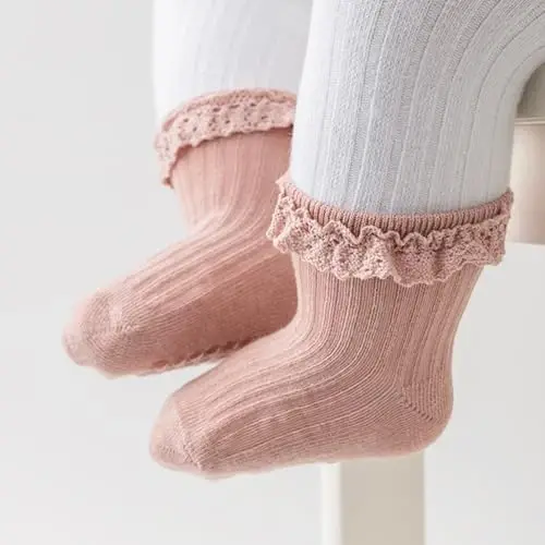 DRESHOW BQUBO Baby Girls Toddler Anti Slip Socks - Cute Frilly Ruffle Grip Ankle Socks for Infant Toddler - 4