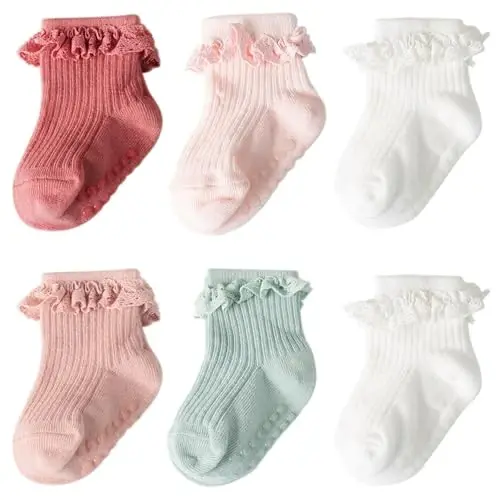 DRESHOW BQUBO Baby Girls Toddler Anti Slip Socks - Cute Frilly Ruffle Grip Ankle Socks for Infant Toddler - 1