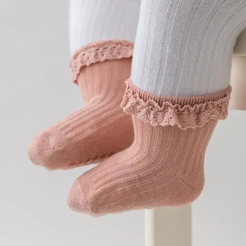 DRESHOW BQUBO Baby Girls Toddler Anti Slip Socks - Cute Frilly Ruffle Grip Ankle Socks for Infant Toddler - 6