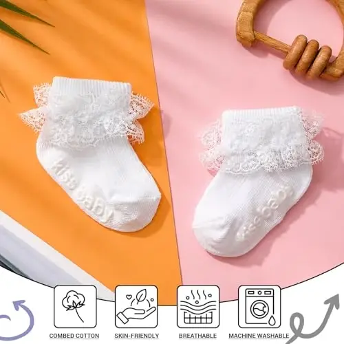 DRESHOW BQUBO Противоскользящие носки для девочек и малышей - Милые короткие носки с рюшами и нескользящей подошвой для младенцев - 6