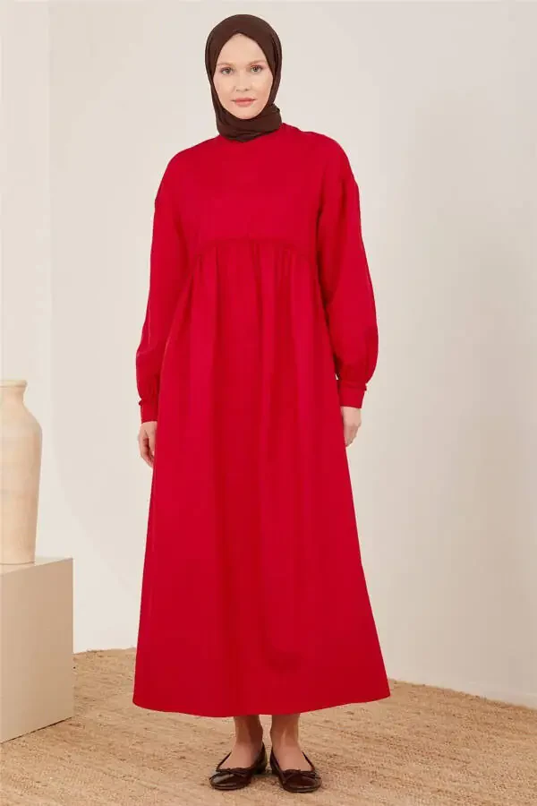 Dress made of cotton with ruffles on waist and sleeves 23y9651 Cherry - 3