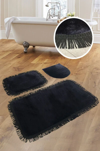 Drill Corner 3-Piece Black Bathroom Rug Set Drill Fringe Tasseled Non-Slip Base Toilet Set - 1