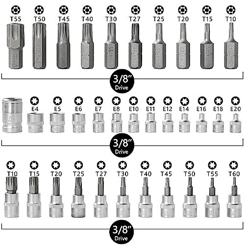 Drive Male Female Torx Star Bit Socket E-Socket Set Handheld Tool - 34 Pcs, Star Socket Set For Hand Use Work On Cars, Trucks, Machinery, and Other Jobs With Storage Case, Blue - 2