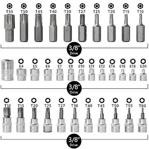 Drive Male Female Torx Star Bit Socket E-Socket Set Handheld Tool - 34 Pcs, Star Socket Set For Hand Use Work On Cars, Trucks, Machinery, and Other Jobs With Storage Case, Blue - 2