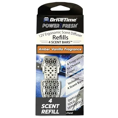 Drive Time Reusable 12V Plug-in Car Air Freshener Refill – Power Fresh, Auto Shut-Off, Plug-In Convenience, No Batteries Needed – Includes 4 Scent Bars for Up to 30 Days of Freshness – Amber Vanilla 
