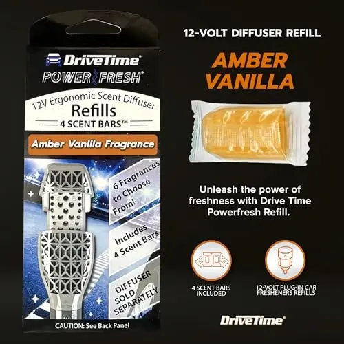 Drive Time Reusable 12V Plug-in Car Air Freshener Refill – Power Fresh, Auto Shut-Off, Plug-In Convenience, No Batteries Needed – Includes 4 Scent Bars for Up to 30 Days of Freshness – Amber Vanilla - 2