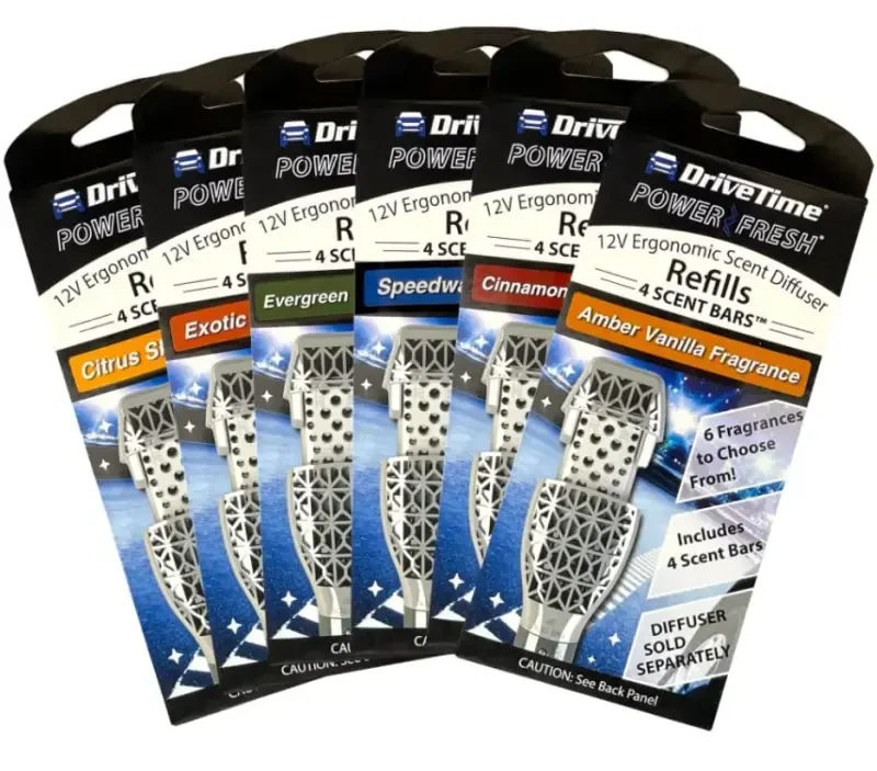 Drive Time Power Fresh 12 voltli avtomobilga ulanadigan havo tozalagichlar – Avtomobillar uchun hidli plitalar, aromatik tozalagichlar va avtomobilni yangilovchi hidlar – 6 ta uzoq muddatli plitalar bilan birga – ixcham o‘lcham - DRIVE TIME