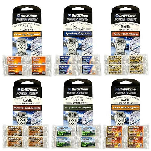 Drive Time Power Fresh 24 Scent Bar Refill Bundle - Power Fresh 12-Volt Plug-in Fresheners - 4 Scent Bars each of Citrus Sky, Amber Vanilla, Exotic Teak, Speedway, Evergreen Forest, Cinnamon Blast. - 1