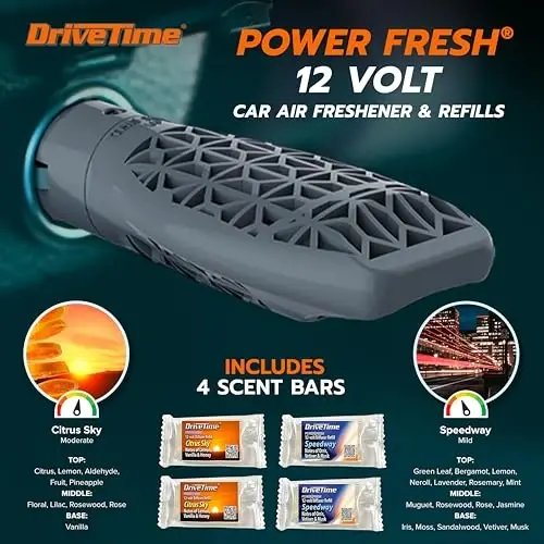 Drive Time Power Fresh Refillable Car Air Freshener – 12V Plug-In Reusable Car Scents Air Enhancer with Long-Lasting Scent Up to 30 Days – Includes 4 Scent Bars – Compact Design - Silver - 2