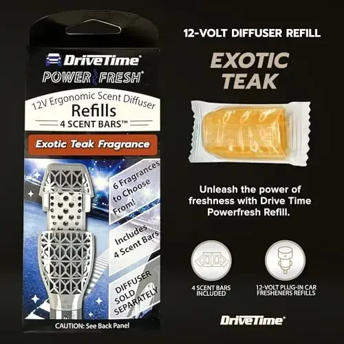 Drive Time Qayta ishlatiladigan 12V Plaginli Avtomobil Havo Tozalagichi – Power Fresh, Avtomatik O'chirish, Plagin Qulayligi, Batareya Kerak Emas – 30 Kungacha Yangilik Uchun 4 ta Hidli Bar O'z Ichiga Oladi – Ekzotik Tik - DRIVE TIME (1)