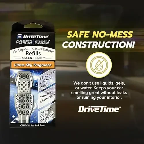 Drive Time Qayta ishlatiladigan 12V vilkali avtomobil havo tozalagichi – Power Fresh, Avtomatik oʻchirish, Vilkaga ulash qulayligi, Batareyalar kerak emas – 30 kungacha yangilik uchun 4 ta xushboʻy hidli panellar bilan birga – Citrus Sky - 3