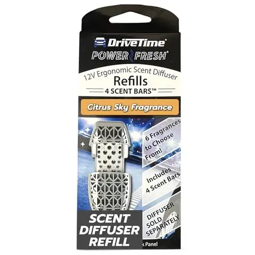 Drive Time Qayta ishlatiladigan 12V vilkali avtomobil havo tozalagichi – Power Fresh, Avtomatik oʻchirish, Vilkaga ulash qulayligi, Batareyalar kerak emas – 30 kungacha yangilik uchun 4 ta xushboʻy hidli panellar bilan birga – Citrus Sky - 1