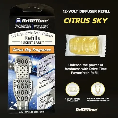 Drive Time Qayta ishlatiladigan 12V vilkali avtomobil havo tozalagichi – Power Fresh, Avtomatik oʻchirish, Vilkaga ulash qulayligi, Batareyalar kerak emas – 30 kungacha yangilik uchun 4 ta xushboʻy hidli panellar bilan birga – Citrus Sky - 2