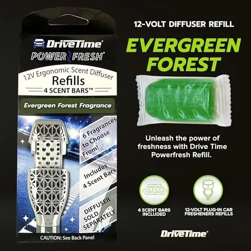 Drive Time Reusable 12V Plug-in Car Air Freshener – Power Fresh, Auto Shut-Off, Plug-In Convenience, No Batteries Needed – Includes 4 Scent Bars for Up to 30 Days of Freshness – Evergreen Forest - DRIVE (1)