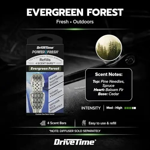 Drive Time Reusable 12V Plug-in Car Air Freshener – Power Fresh, Auto Shut-Off, Plug-In Convenience, No Batteries Needed – Includes 4 Scent Bars for Up to 30 Days of Freshness – Evergreen Forest - 4