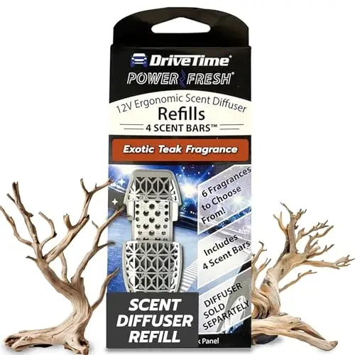 Drive Time Reusable 12V Plug-in Car Air Freshener – Power Fresh, Auto Shut-Off, Plug-In Convenience, No Batteries Needed – Includes 4 Scent Bars for Up to 30 Days of Freshness – Exotic Teak - 1