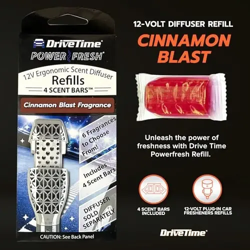 Drive Time Reusable 12V Plug-in Car Air Freshener Refill – Power Fresh, Auto Shut-Off, Plug-In Convenience, No Batteries Needed – Includes 4 Scent Bars for Up to 30 Days of Freshness – Cinnamon Blast - DRIVE TIME (1)
