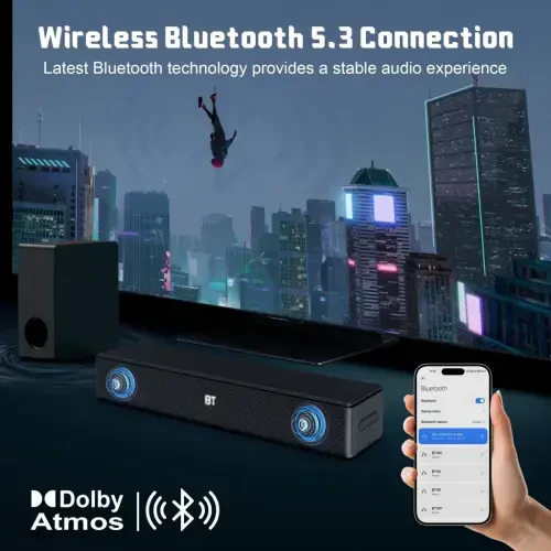 DR.J Professional Sound Bar for TV, 200W Dolby Atmos Soundbar with Subwoofer, 2.1 CH 3D Surround Home Audio TV Speakers with Remote Control, Bluetooth 5.3/HDMI-ARC/AUX/Opt - GCZ (1)