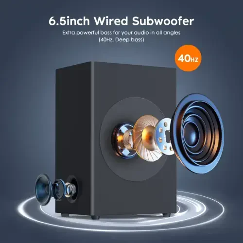 DR.J Professional Soundbar bilan Subwoofer, Televizor uchun 2.1 CH ajratiladigan Sound Barlar, Bluetooth/HDMI-ARC/AUX/Opt 3D Surround Sound - 3