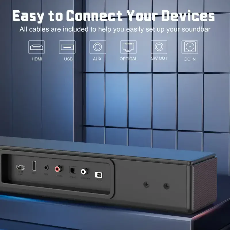 DR.J Профессиональная звуковая панель для телевизора, 200 Вт Dolby Atmos Саундбар с сабвуфером, 2.1 CH 3D Окружающий домашний аудио динамик для телевизора с дистанционным управлением, Bluetooth 5.3/HDMI-ARC/AUX/Opt - 3