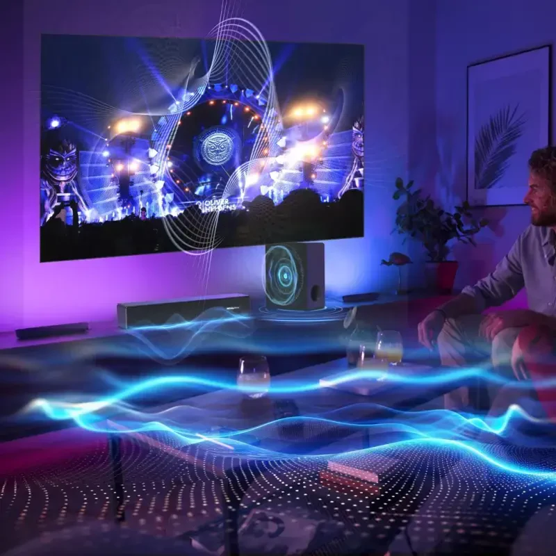 DR.J Профессиональная звуковая панель для телевизора, 200 Вт Dolby Atmos Саундбар с сабвуфером, 2.1 CH 3D Окружающий домашний аудио динамик для телевизора с дистанционным управлением, Bluetooth 5.3/HDMI-ARC/AUX/Opt - 7