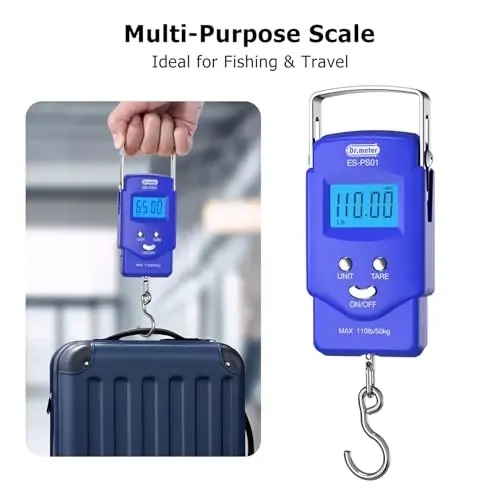 Dr.meter Balık Tartısı - PS01 110lb/50kg Arkaplan Aydınlatmalı LCD Ekran Dijital Tartı, Dahili Ölçü Bandı - 2 AAA Pil ile Balık Tartısı, Cep Boyutu - Erkekler İçin Balıkçılık Hediyeleri - DR.METER (1)