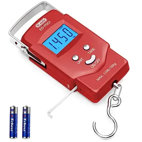 Dr.meter Fish Scale Luggage Scale Fishing Gear - 110lb Backlit LCD Display Digital Scale with Built-in Measuring Tape - Fishing Scale with 2 AAA Batteries, Pocket Size - Fishing Gifts for Men - 1