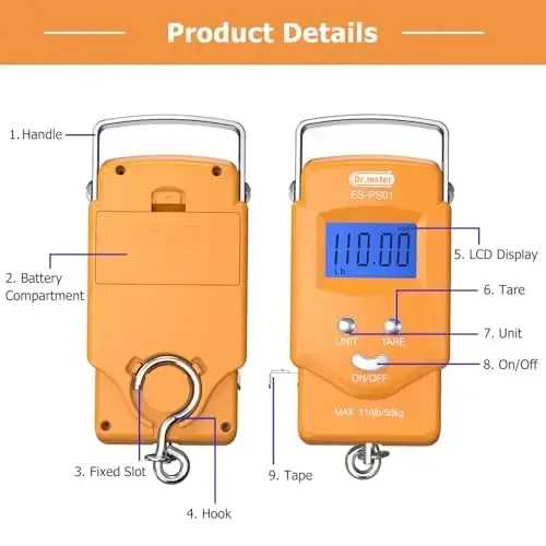 Dr.meter Baliq O'lchovi Yuk O'lchovi Baliq Ovlash Uskunalari - 110lb Orqa Yorug'likli LCD Displey Raqamli O'lchov O'rnatilgan O'lchov Lenta bilan - 2 AAA Batareya bilan Baliq O'lchovi, Cho'ntak Hajmi - Erkaklar uchun Baliq Ovlash Sovg'alari - 4