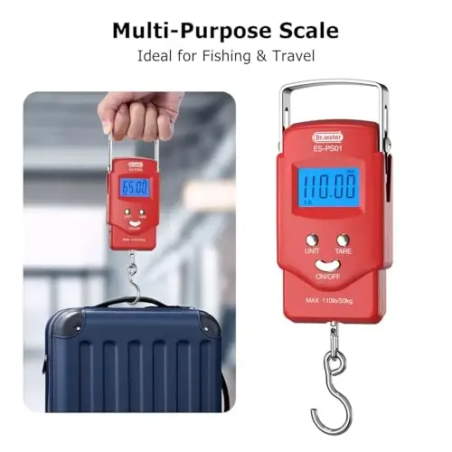 Dr.meter Baliq O'lchovi Yuk O'lchovi Baliq Ovlash Uskunalari - 110lb/50kg Orqa yoritgichli LCD Displey Raqamli O'lchov O'rnatilgan O'lchash Tasmasi bilan - 2 AAA Batareyali Baliq O'lchovi, Cho'ntak O'lchami - Erkaklar uchun Baliq Ovlash Sovg'alari - DR.METER (1)