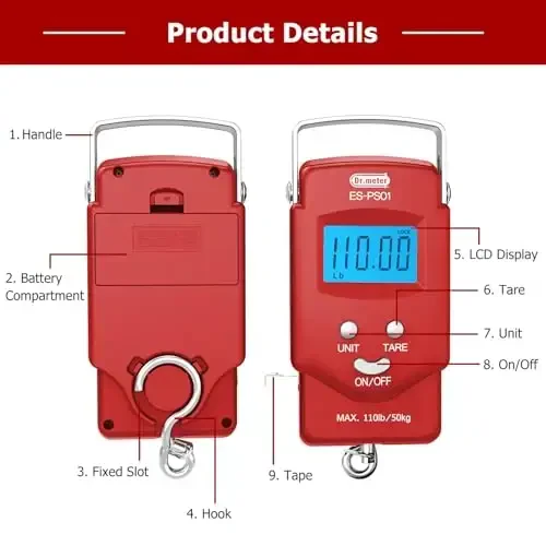 Dr.meter Baliq O'lchovi Yuk O'lchovi Baliq Ovlash Uskunalari - 110lb/50kg Orqa yoritgichli LCD Displey Raqamli O'lchov O'rnatilgan O'lchash Tasmasi bilan - 2 AAA Batareyali Baliq O'lchovi, Cho'ntak O'lchami - Erkaklar uchun Baliq Ovlash Sovg'alari - Dr.meter (1)