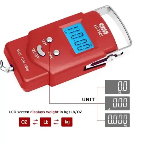 Dr.meter Fish Scale Luggage Scale Fishing Gear - 110lb/50kg Backlit LCD Display Digital Scale with Built-in Measuring Tape - Fishing Scale with 2 AAA Batteries, Pocket Size - Fishing Gifts for Men - 3