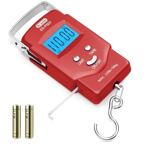 Dr.meter Fish Scale Luggage Scale Fishing Gear - 110lb/50kg Backlit LCD Display Digital Scale with Built-in Measuring Tape - Fishing Scale with 2 AAA Batteries, Pocket Size - Fishing Gifts for Men - 1