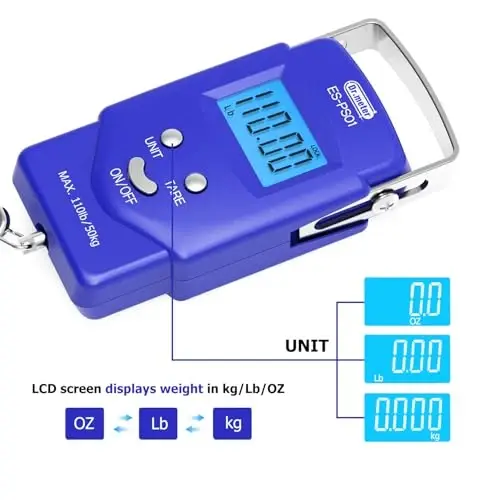Dr.meter Fish Scale - PS01 110lb/50kg Backlit LCD Display Digital Scale with Built-in Measuring Tape - Fishing Scale with 2 AAA Batteries, Pocket Size - Fishing Gifts for Men - 2