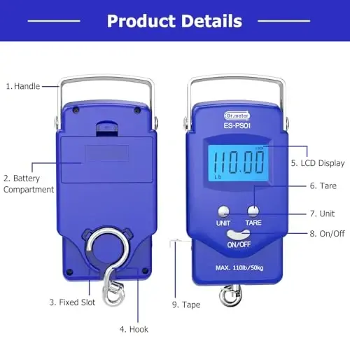 Dr.meter Fish Scale - PS01 110lb/50kg Backlit LCD Display Digital Scale with Built-in Measuring Tape - Fishing Scale with 2 AAA Batteries, Pocket Size - Fishing Gifts for Men - 4