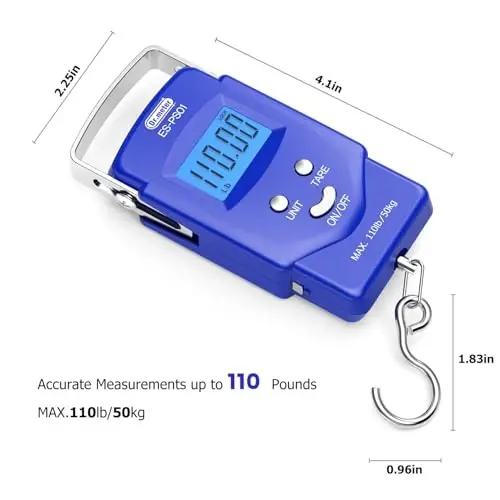 Dr.meter Fish Scale - PS01 110lb/50kg Backlit LCD Display Digital Scale with Built-in Measuring Tape - Fishing Scale with 2 AAA Batteries, Pocket Size - Fishing Gifts for Men - 5