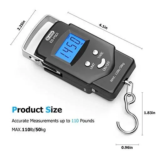 Dr.meter Fish Scale - PS01 110lb/50kg Backlit LCD Display Digital Scale with Built-in Measuring Tape - Fishing Scale with 2 AAA Batteries, Pocket Size - Fishing Gifts for Men - 1