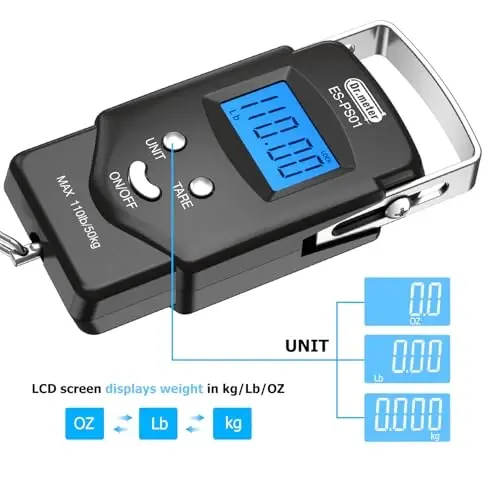 Dr.meter Fish Scale - PS01 110lb/50kg Backlit LCD Display Digital Scale with Built-in Measuring Tape - Fishing Scale with 2 AAA Batteries, Pocket Size - Fishing Gifts for Men - 4