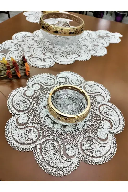 Drop 5 Pieces Luxury Runner Living Room Furniture Coffee Table Tablecloth Set French Guipure Dowry Set Ecru-Ecru - 8