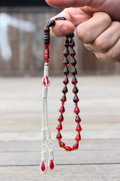 Drop cut red and black fire amber rosary - TESBIH OTAĞI