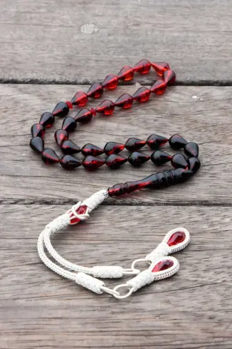 Drop cut red and black fire amber rosary - TESBIH OTAĞI (1)