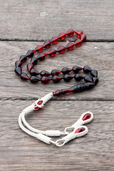 Drop cut red and black fire amber rosary - 2