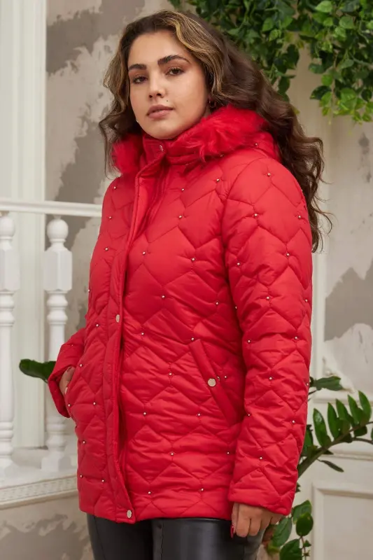 Droplu Woman Plus Size Red Quilted Coat - 6