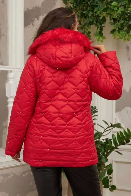 Droplu Woman Plus Size Red Quilted Coat - 4