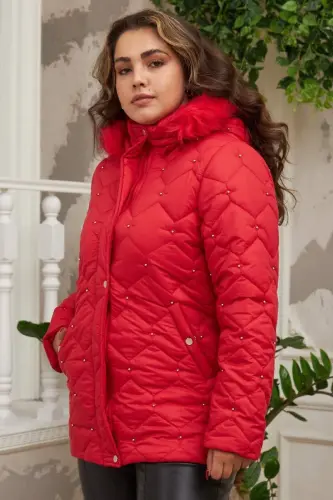 Droplu Woman Plus Size Red Quilted Coat - BÜYÜKBEDENIZ (1)