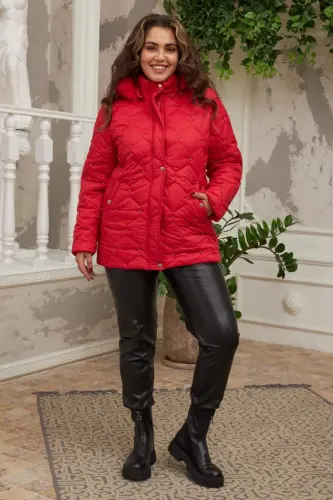 Droplu Woman Plus Size Red Quilted Coat - 5
